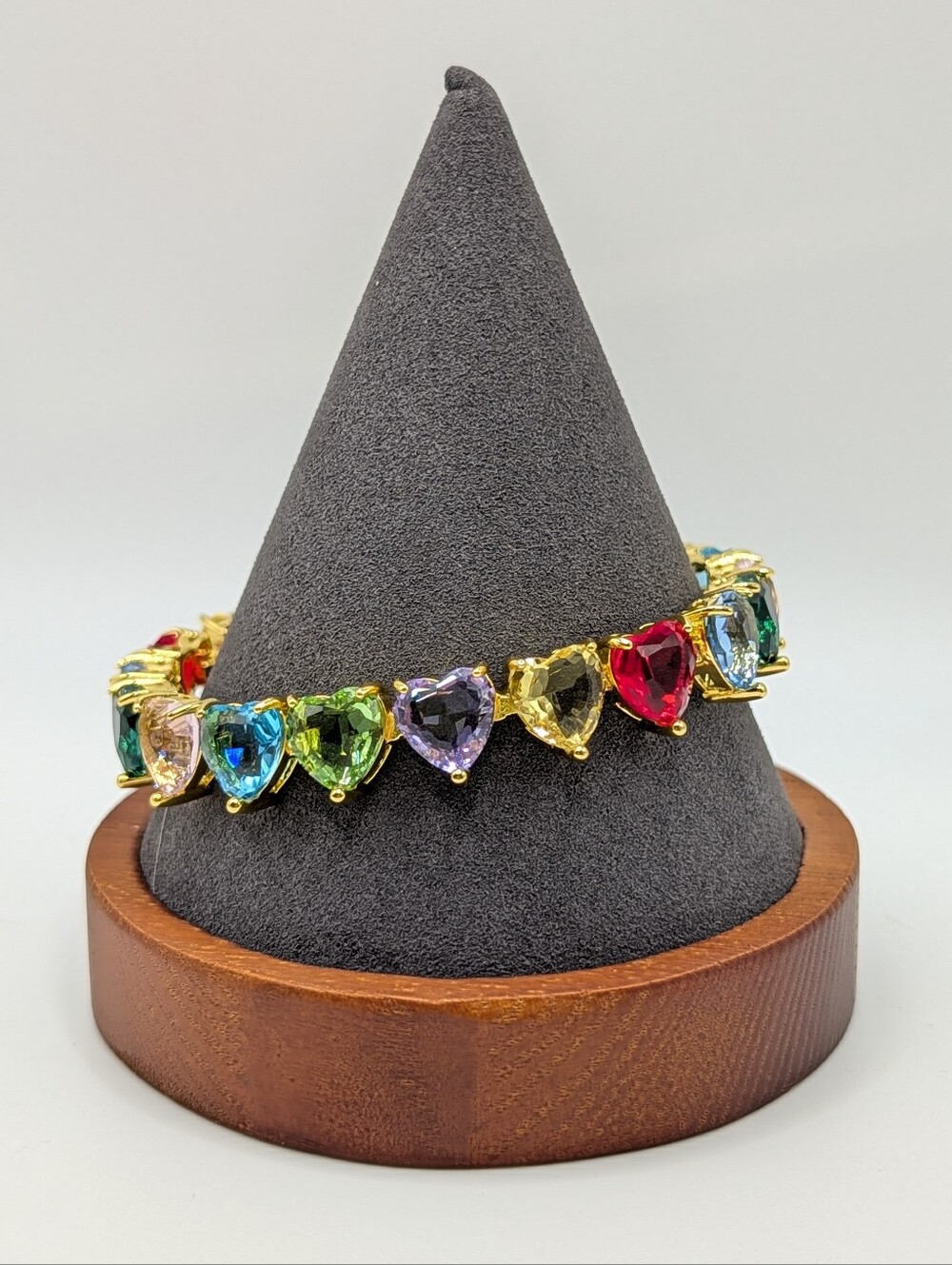 Gold-tone Multicolor Heart Crystal Tennis Bracelet